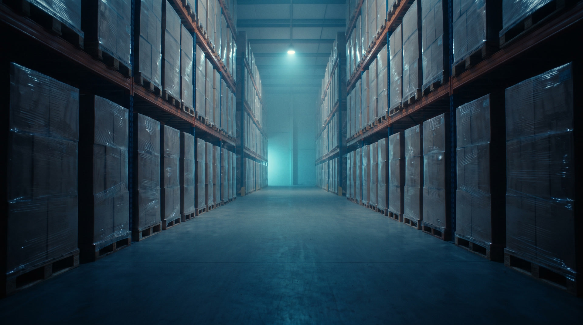 A long aisle of pallet racking in a cold blue-lit warehouse