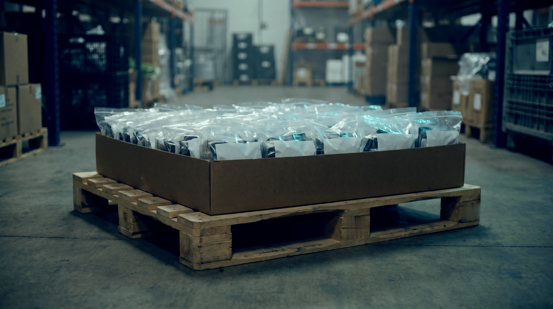 Rows of products sealed in clear polybags in a carton on a pallet